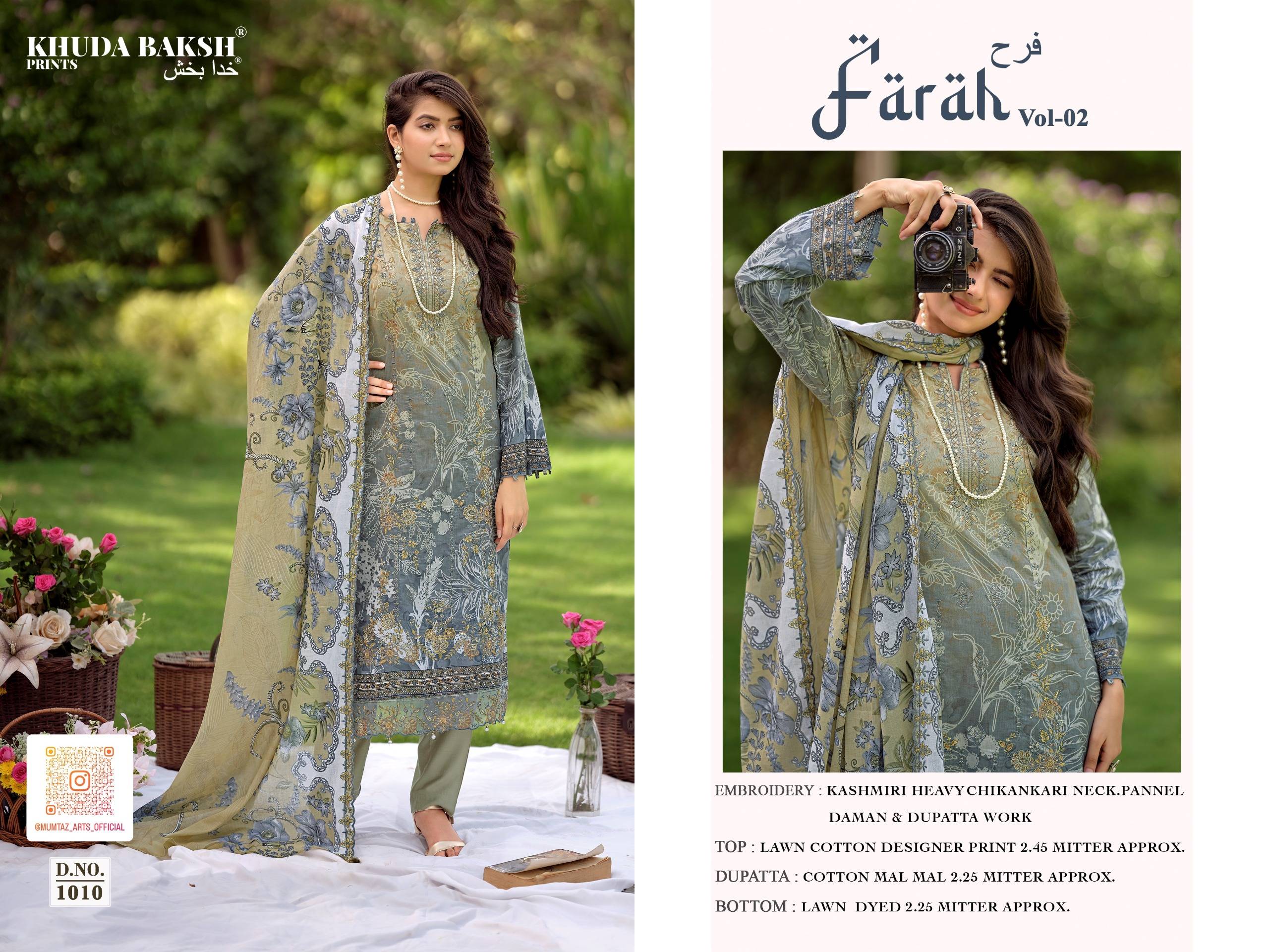 FARAH VOL 2 By KHUDHA BAKSH 1001 To 1010 Series Pakistani Suits casual Wear PURE LAWN Dresses At Wholesale